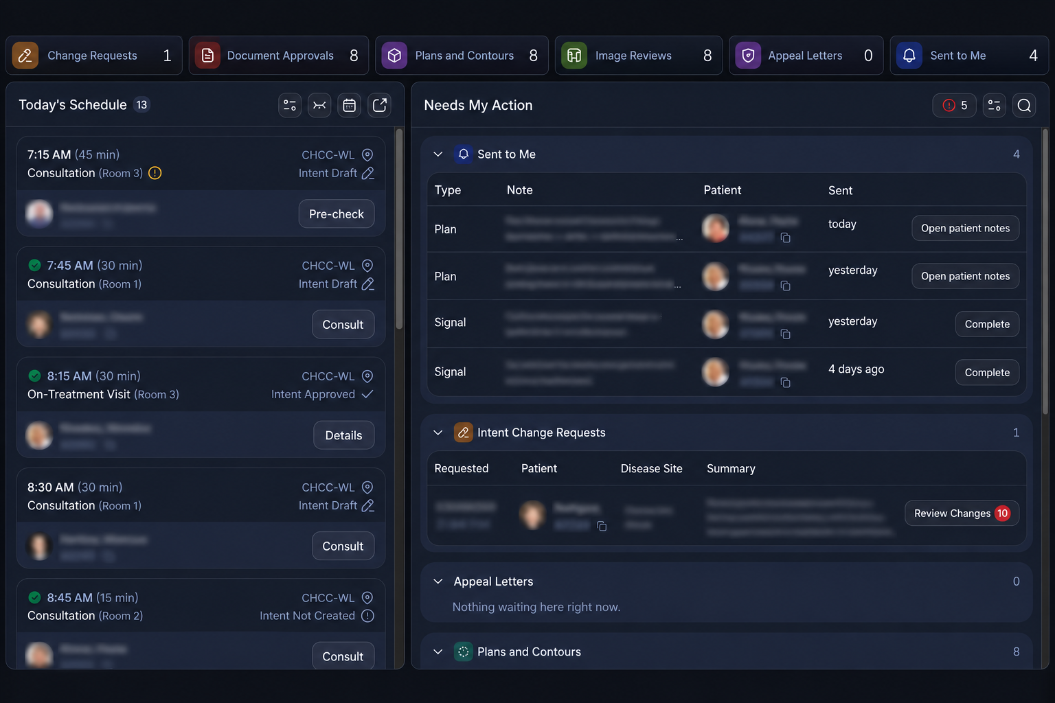 Clinical workflow interface preview with record details obscured
