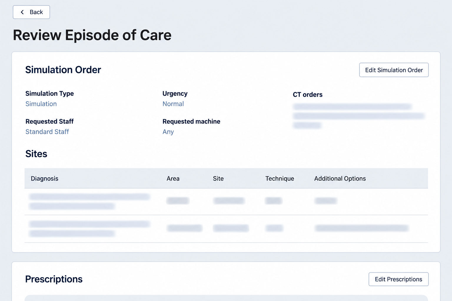 Treatment intent interface preview with record details obscured